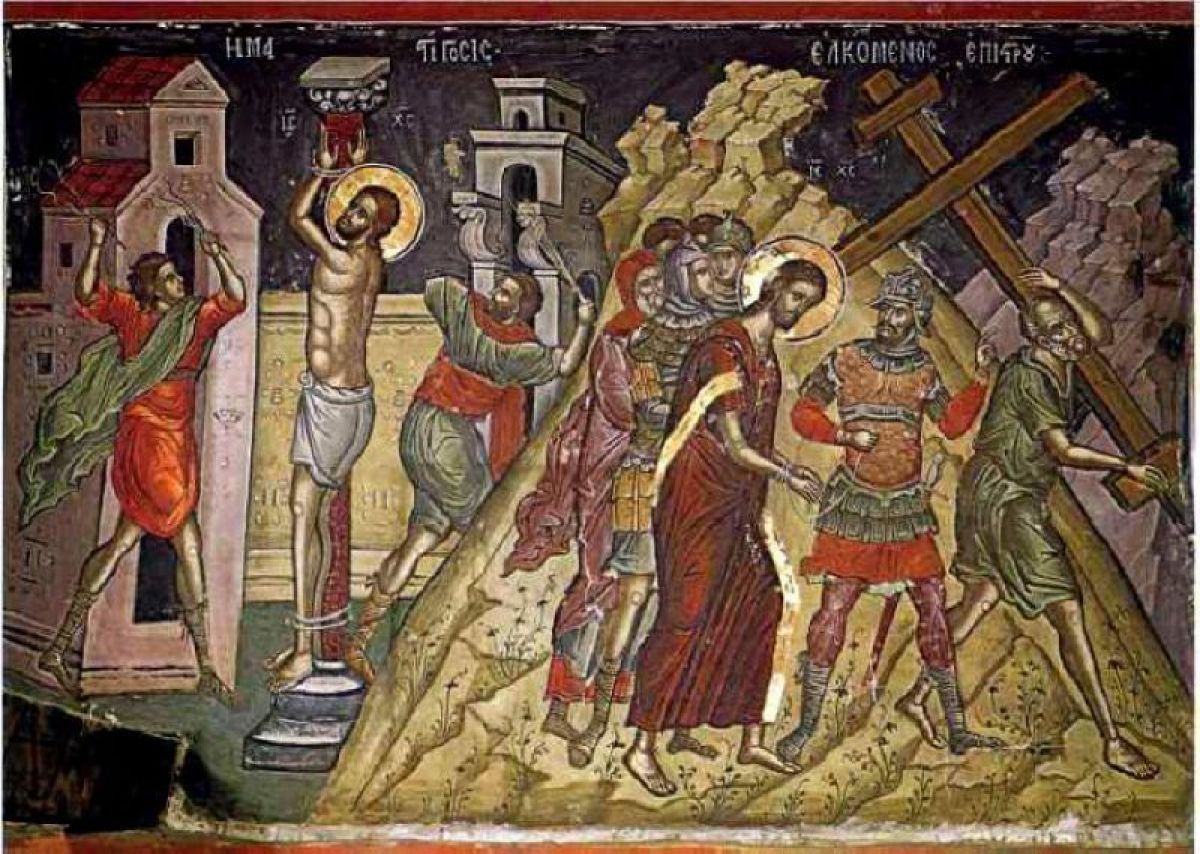 Иисус Христос на Голгота. Стенопис от 1546 г. от Теофан Критски в Манастира Ставроникита